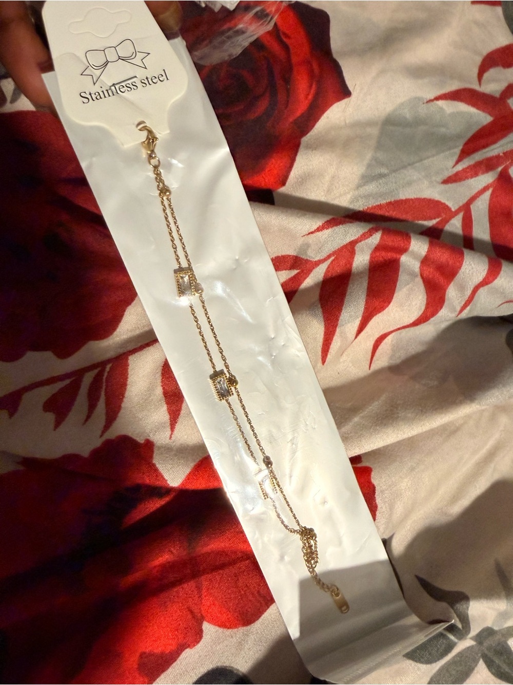Gold-Tone Stainless Steel Layered Chain Bracelet with Cubic Accents